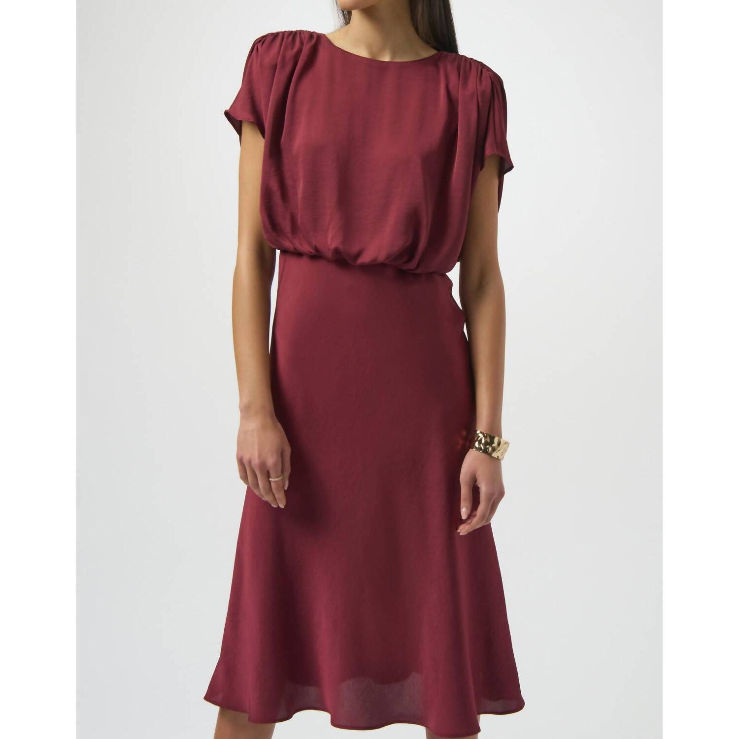 New Joseph Ribkoff Recycled Satin Blouson A-Line Dress In Merlot